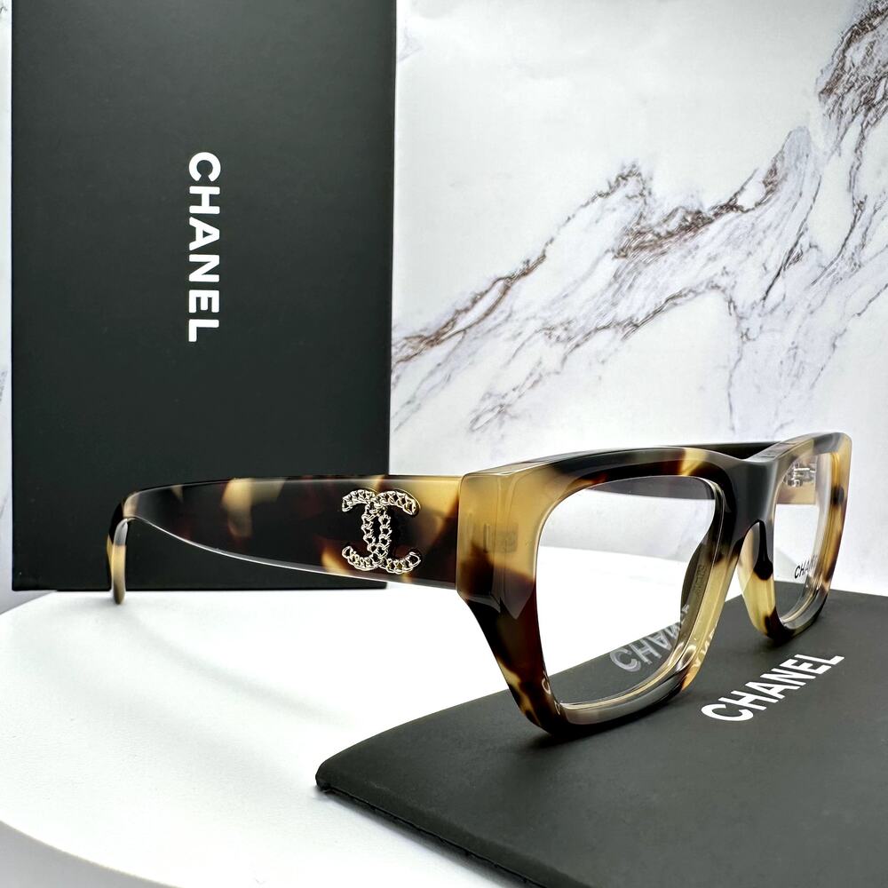 New CHANEL Eyeglasses Brown Gold Chain CC Rectangle 52mm Rx-able - Picture 9 of 16